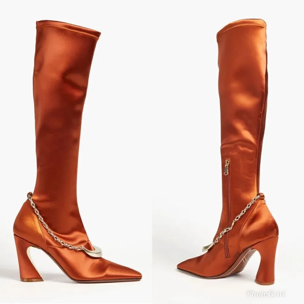 ZIMMERMANN Silk Copper Satin Stretch Sock Knee Boots - Chain-trim not included